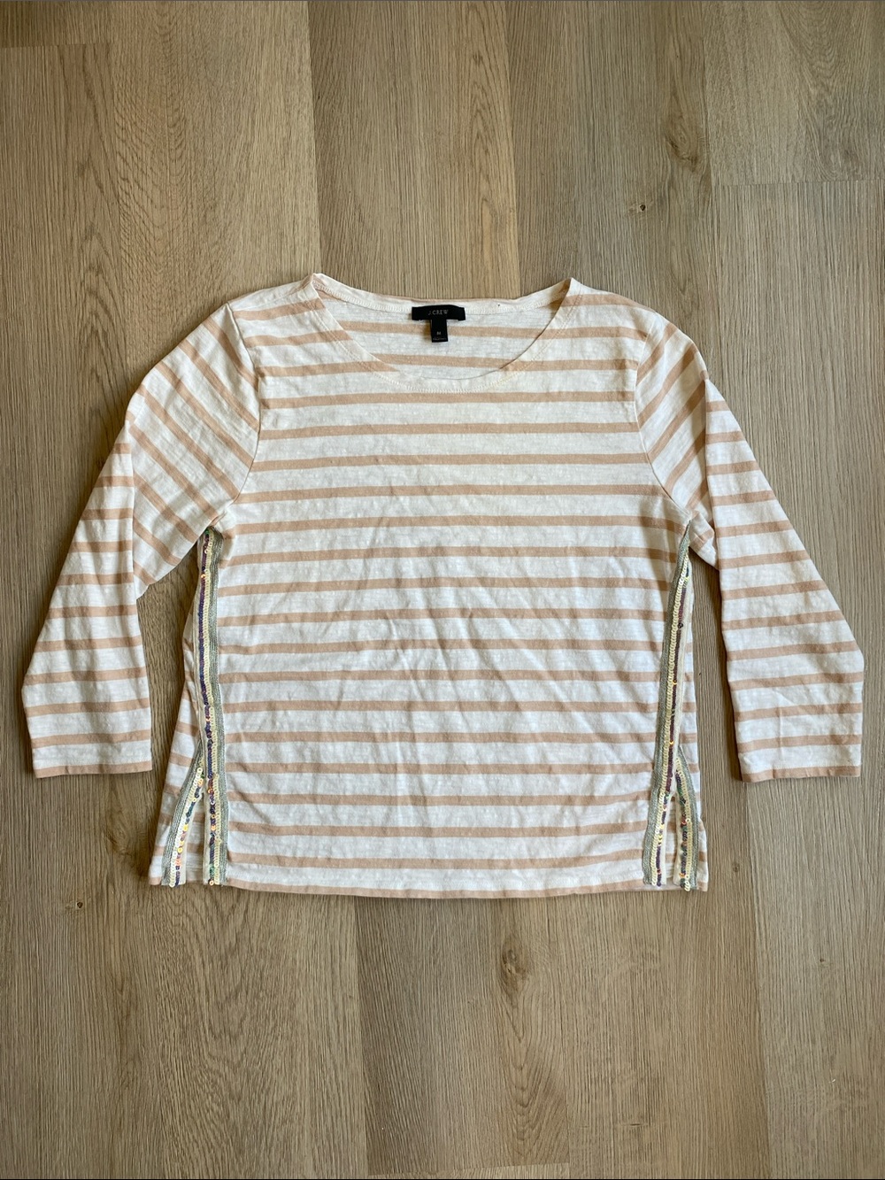 J.Crew Sequin Side Stripe Long Sleeve Tee Pink & White Striped Cotton Top
